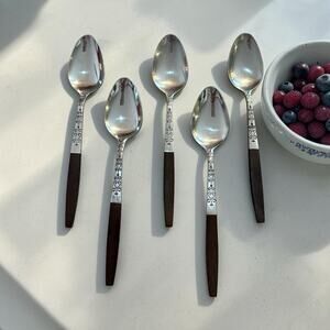Set of 5 INTERPUR Japan MCM Faux Wood Handle Scroll Stainless Steel Spoons 6.75"